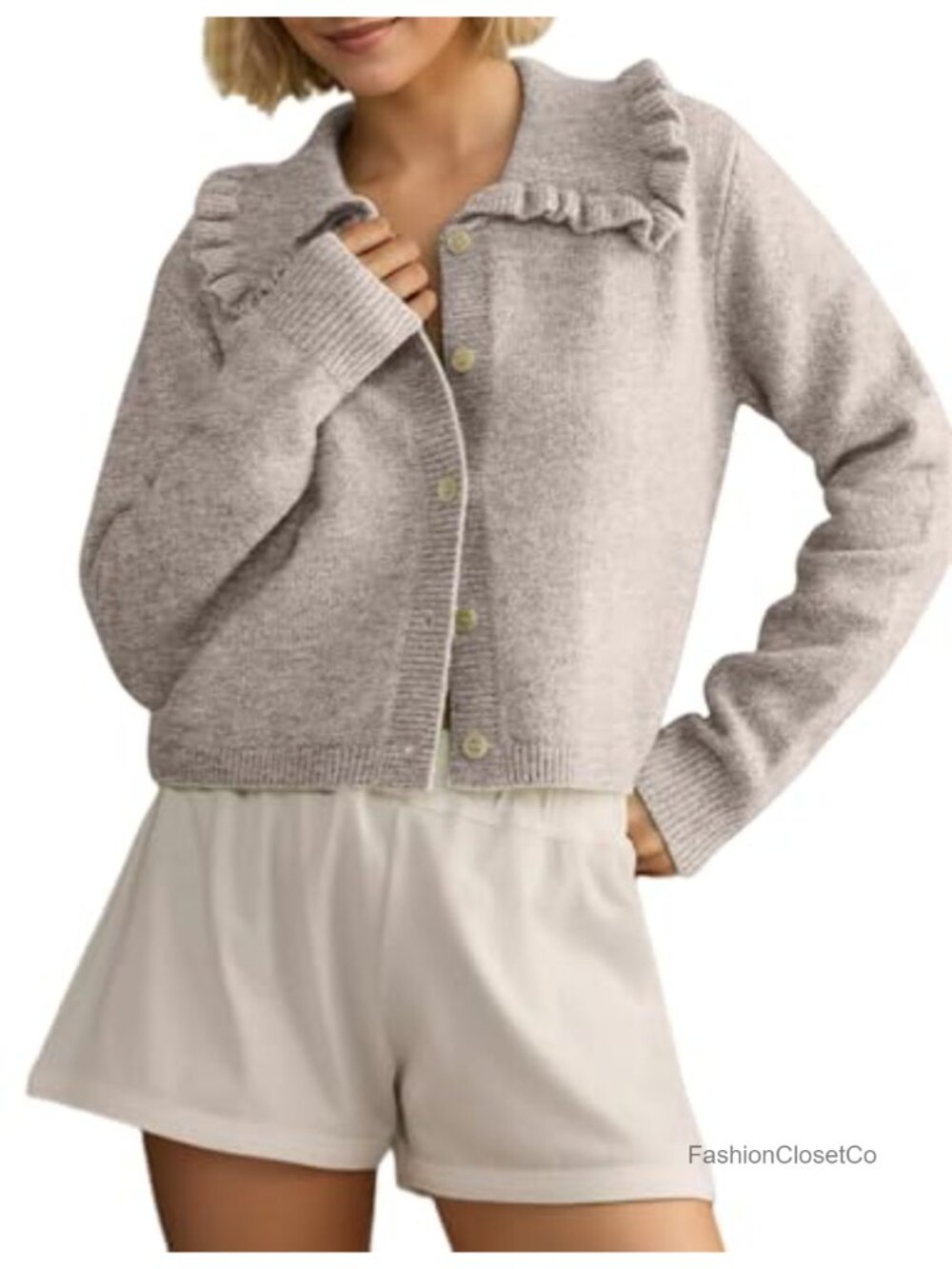 Ruffle Collar Button Down Cardigan Sweater Preppy Long Sleeve Knit